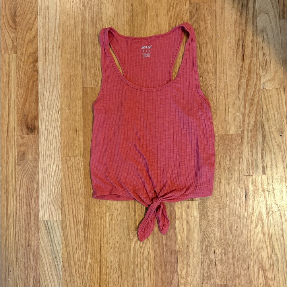 aerie Coral/Red Ribbed Tie-Front Tank Top